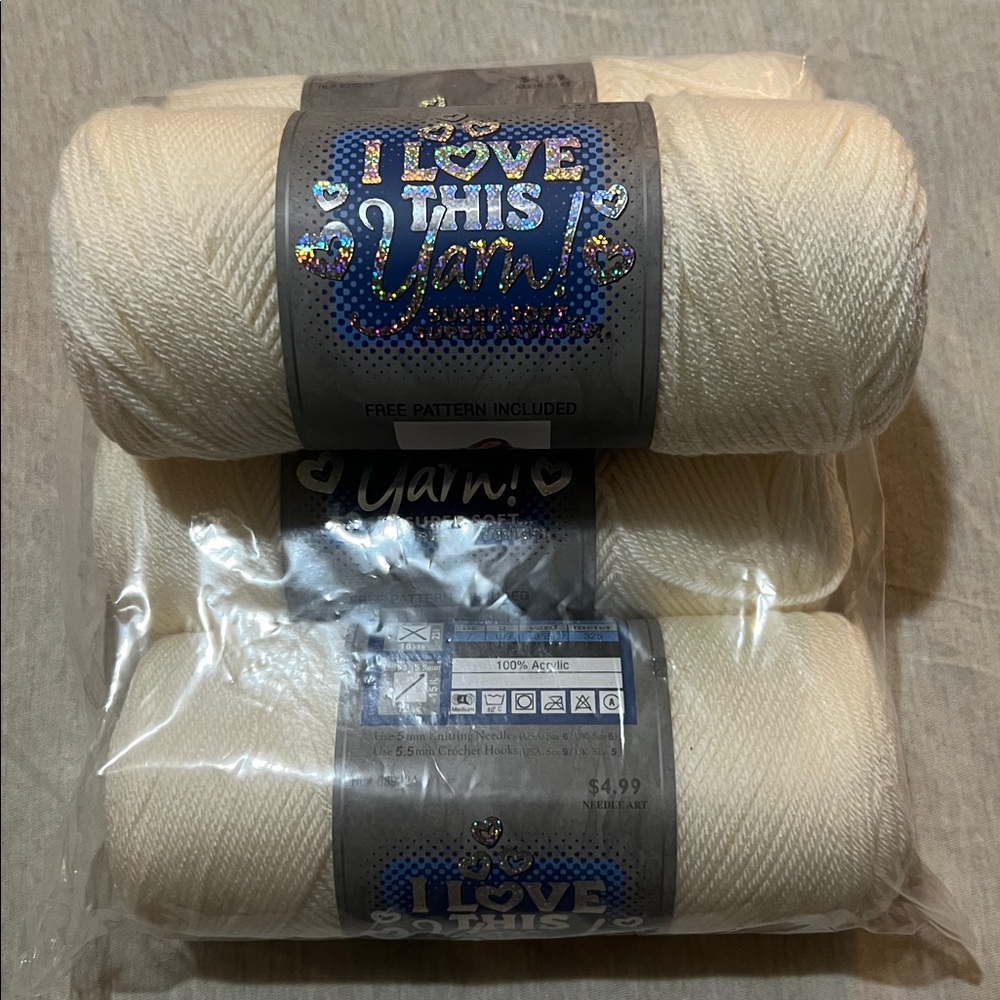 I Love This Yarn Ivory Bundle 4 Skeins Same Dye Lot Soft Acrylic Neutral Yarn